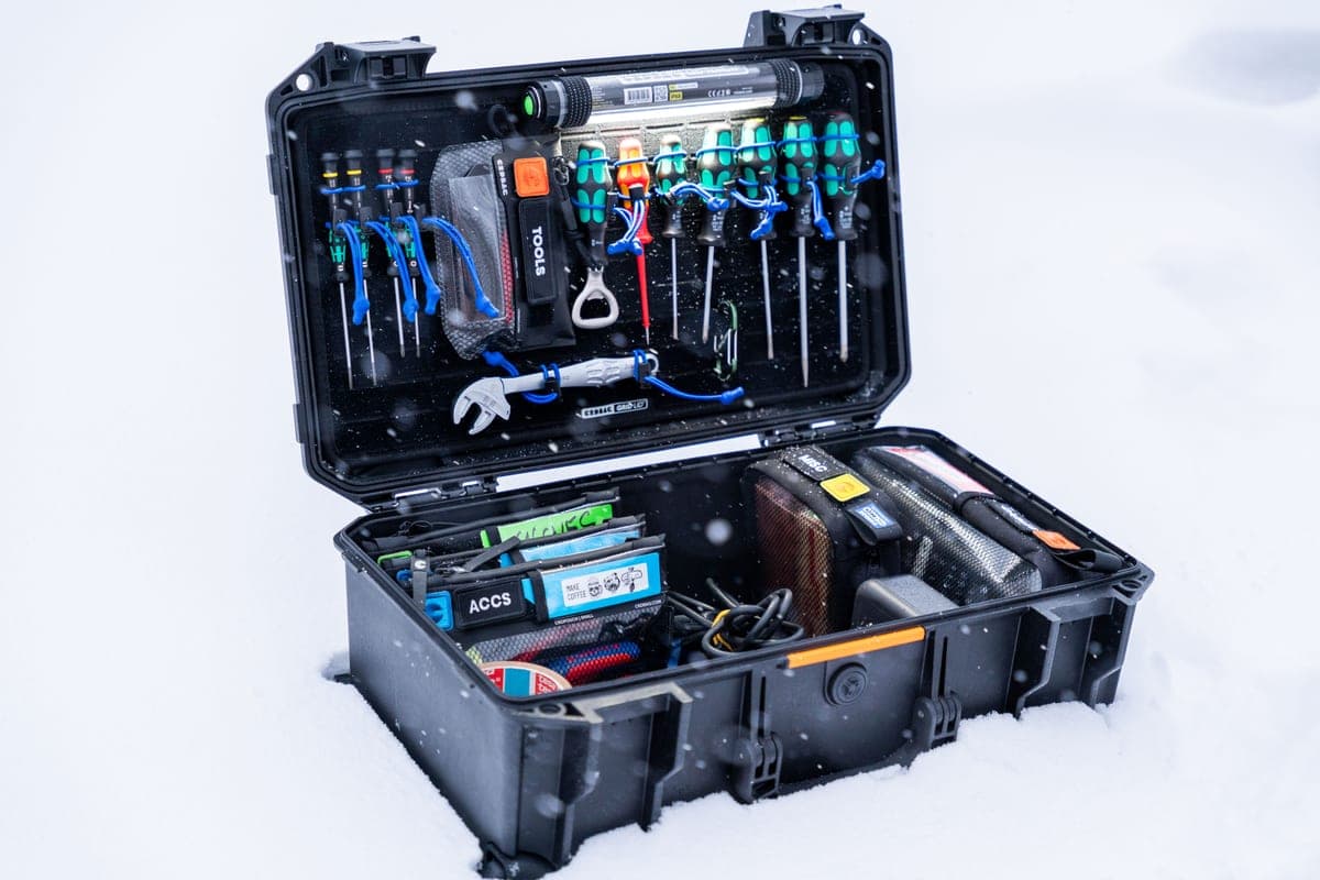 An open hard tool case in cold weather